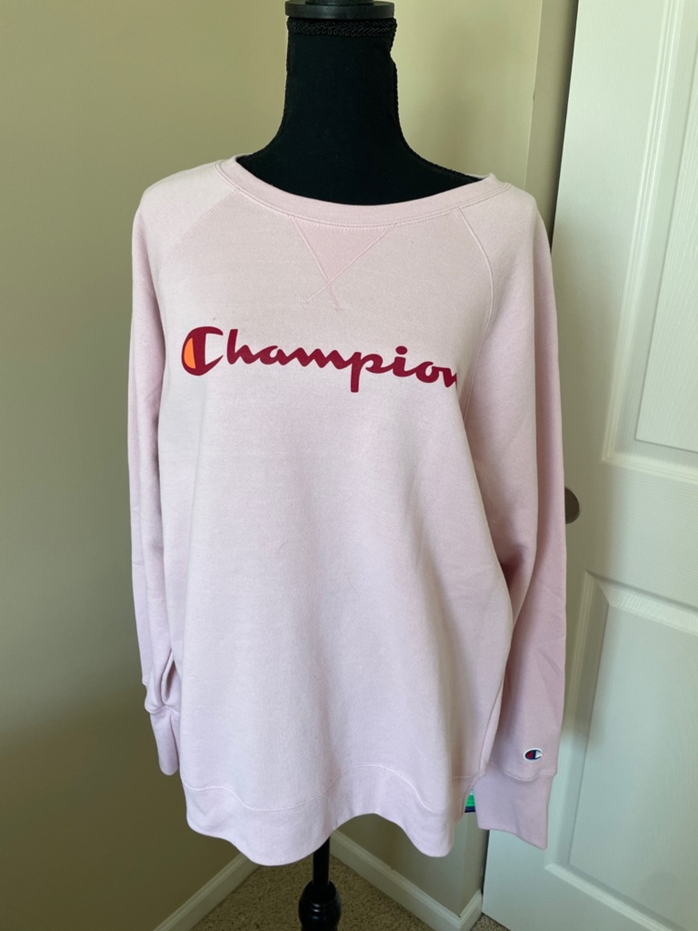 Champion Pale Pink Crewneck with Red Script